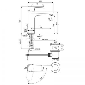 Черна смесителна батерия за умивалник за баня TYRIA с изпразнител IDEAL STANDARD BC159HS