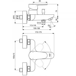 Черна смесителна батерия за вана/душ CERAFINE O без аксесоари IDEAL STANDARD BC500XG