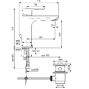 Черна смесителна батерия за умивалник за баня CERAFINE O с изпразнител IDEAL STANDARD BC699XG